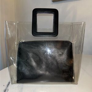 STAUD Shirley Clear Bag Black Leather Pouch Top Handle PVC Purse 13.25”Hx14.5”W